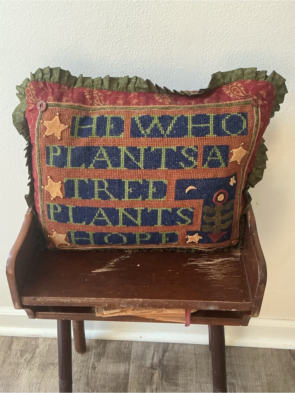 Vintage Handmade Cross Stitch Sampler Pillow “Plant Seeds, plant hope” Ruffle